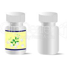 Two realistic bottles with tablets are isolated on white backgro