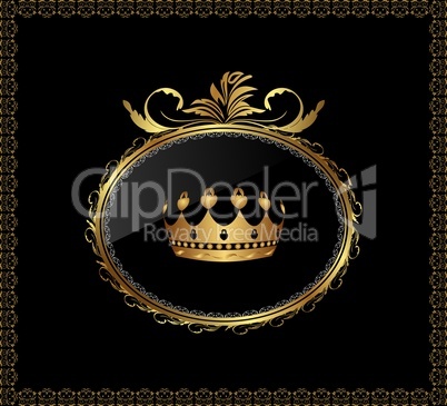 gold ornament with crown on black background