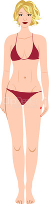 The blond in a red bathing suit isolated on a white background