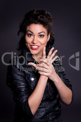 Beautiful Woman in Black Leather Jacket