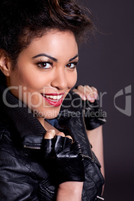 Beautiful Woman in Black Leather Jacket Portrait