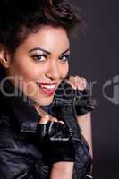Beautiful Woman in Black Leather Jacket Portrait