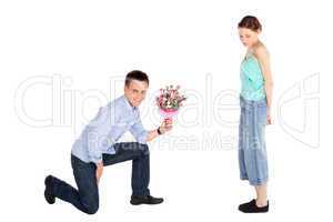 Casual Man Offering Flowers to Woman