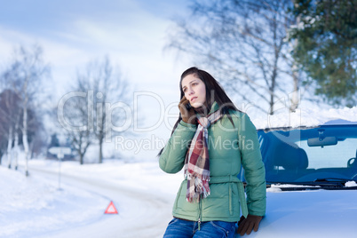 Winter car breakdown - woman call for help