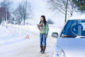 Winter car breakdown - woman call for help