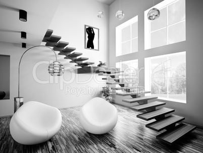 Black white interior 3d render