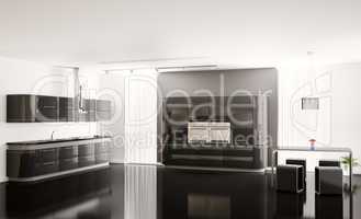 Interior of modern black kitchen 3d