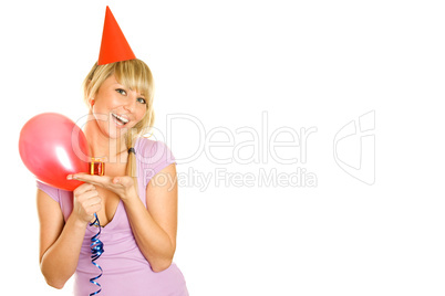 Young woman with balloons and smal gift box