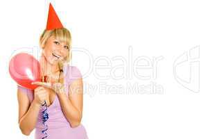 Young woman with balloons and smal gift box