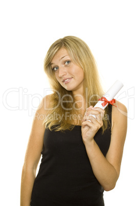 Butiful female graduate holds her diploma