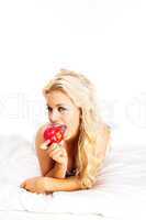 blonde with apple