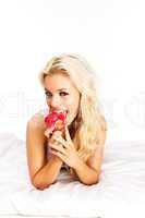 blonde with apple