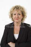 Middle age female with curly blonde hair