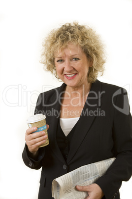 Woman with paper and coffee to go