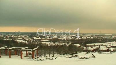 Winter view of city of Liverpool with wind turbines in the distance