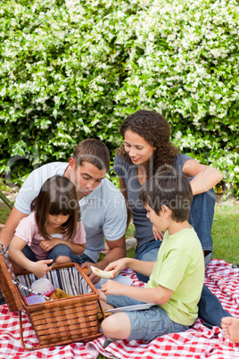 Family picnicking in the garden