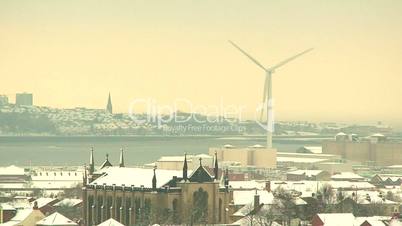 Winter view of City of Liverpool with wind turbines in distance 3