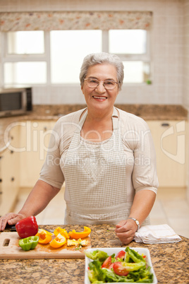 Retired woman looking at the camera in the kitchen