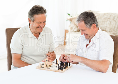 Seniors playing chess on the table