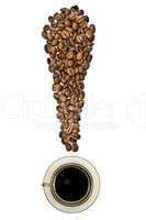 The exclamation point of the coffee beans with a cup