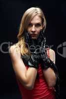 The beautiful girl with black gloves