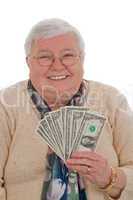 Seniorin mit Dollars Hochformat