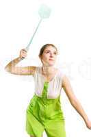 woman with fly swatter