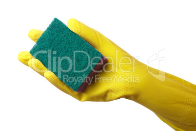 Hand in glove holding washing sponge