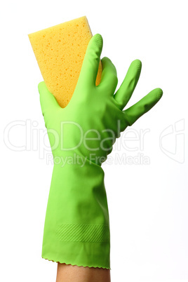 Hand in glove holding washing sponge