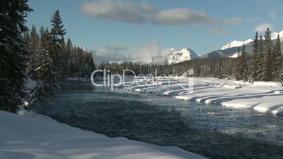 Winter scenic of river and mountains