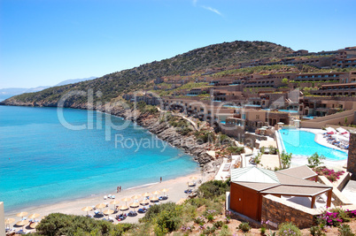 Recreaiton area and beach of the luxury hotel, Crete, Greece