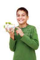 Teenage boy showing piggy money box