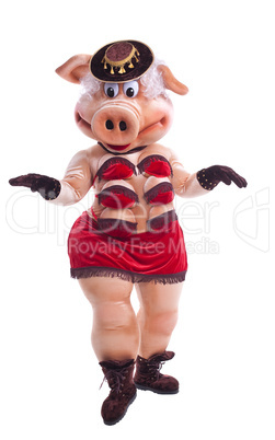 Pig mascot costume dance striptease in hat