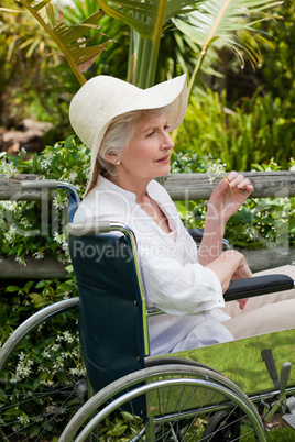 Mature woman in her wheelchair in the garden
