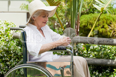 Mature woman in her wheelchair in the garden