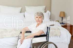 Concentrated senior woman in her wheelchair at home