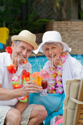 Happy senior couple drinking cocktail and toasting each other