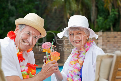 Happy senior couple drinking cocktails and toasting each other