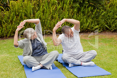 Senior couple doing their streches in the garden