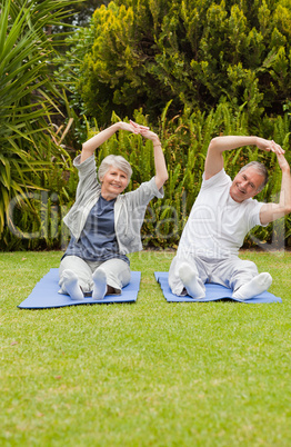 Senior couple doing their streches in the garden