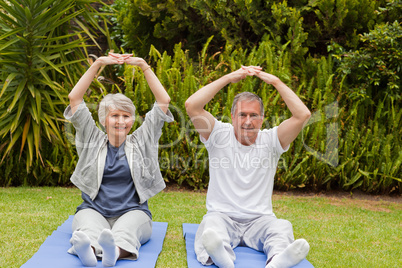 Senior couple doing their streches in the garden