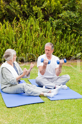 Mature couple doing their exercises in the garden