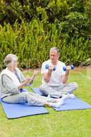 Mature couple doing their exercises in the garden