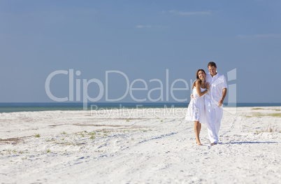 Romantic Man & Woman Couple Walking on An Empty Beach