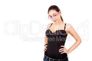 Pretty young girl in black corset with glasses