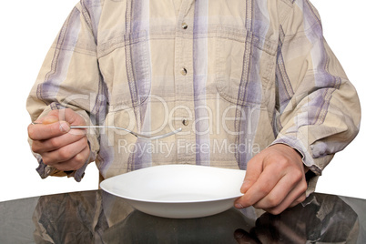 Human hands with fork and white plate