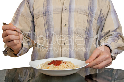Human hands with fork and spaghetti