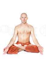 Man sitting in lotus pose isolated on white