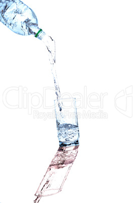 Water streaming from bottle isolated on white