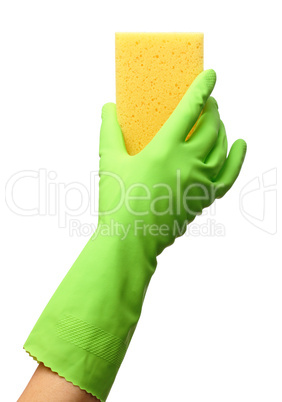 Hand in glove holding washing sponge